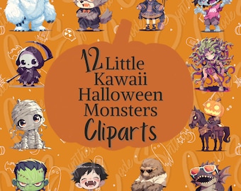 12 Cute Kawaii Halloween Monsters Clipart Download digital Ilustrações de Halloween Monster Clip Art para impressão Decoração de Halloween Kawaii Clipart