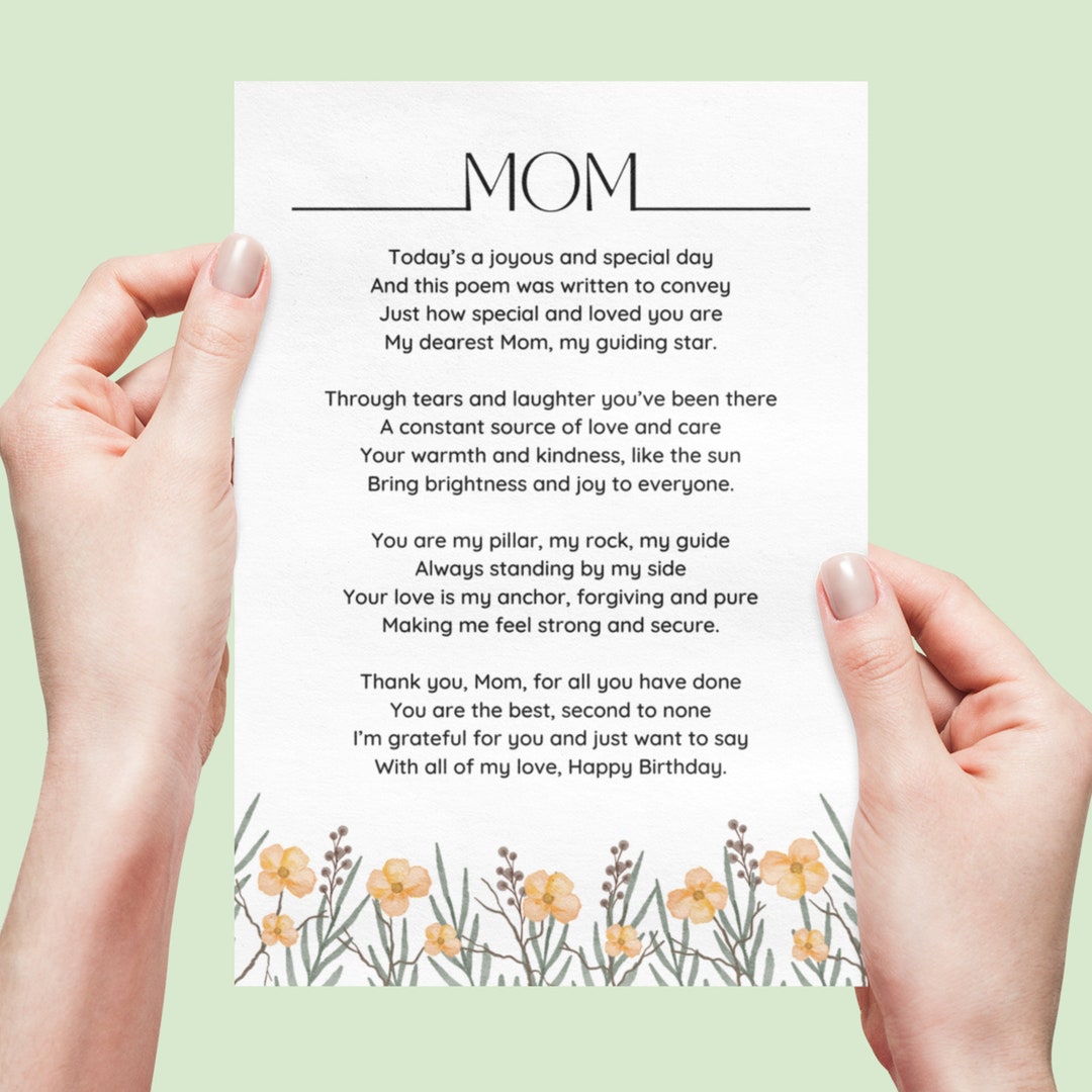 Birthday Poem for Mom Card, Birthday Card for Mom, Mother Birthday Cards,  Gift for Mom, Birthday Card Digital Download