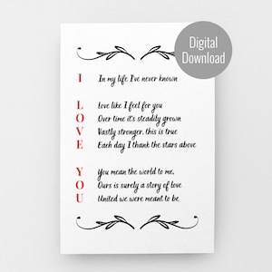 Acróstico Te Amo Poema Tarjeta Imprimible, Poemas de Amor para Ella y para Él, Tarjetas de Poemas de Amor Cortos, Poema de Boda, Mejor Tarjeta de Poemas de Amor Descargar