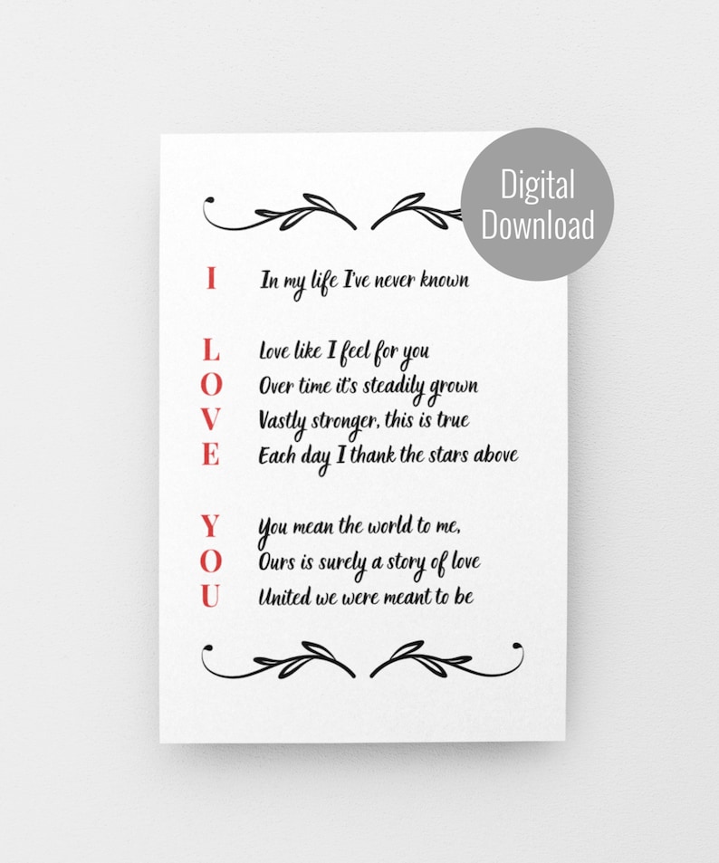 Acrostic I Love You Poem Printable Card, Love Poems for Her and Him ...