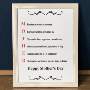 Acrostic Mother&#39;s Day Poem for Mom Digital Download Printable, Mother&#39;s Day Poem  Gift