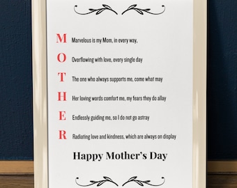 Acrostic Mother's Day Poem, Mom Gift (Digital Download)