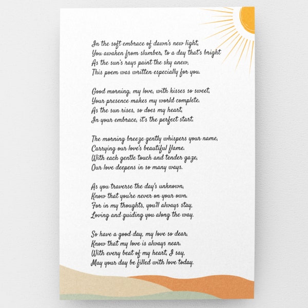 Good Morning Poem Card for Her or Him, Good Morning Love Poetry Greeting Card, Romantic Morning Beautiful Poem to Make Her Smile