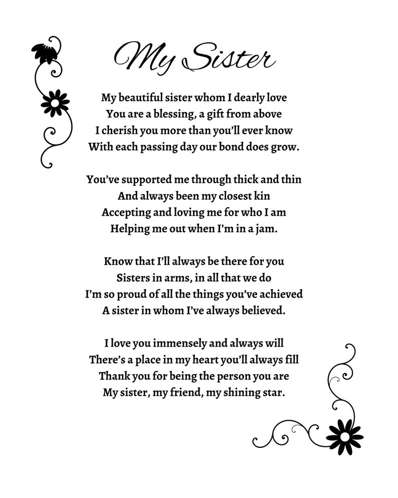 Original Sister Poem, Birthday Poem for Sister, Digital Wall Art Sister Poems, Sisterhood