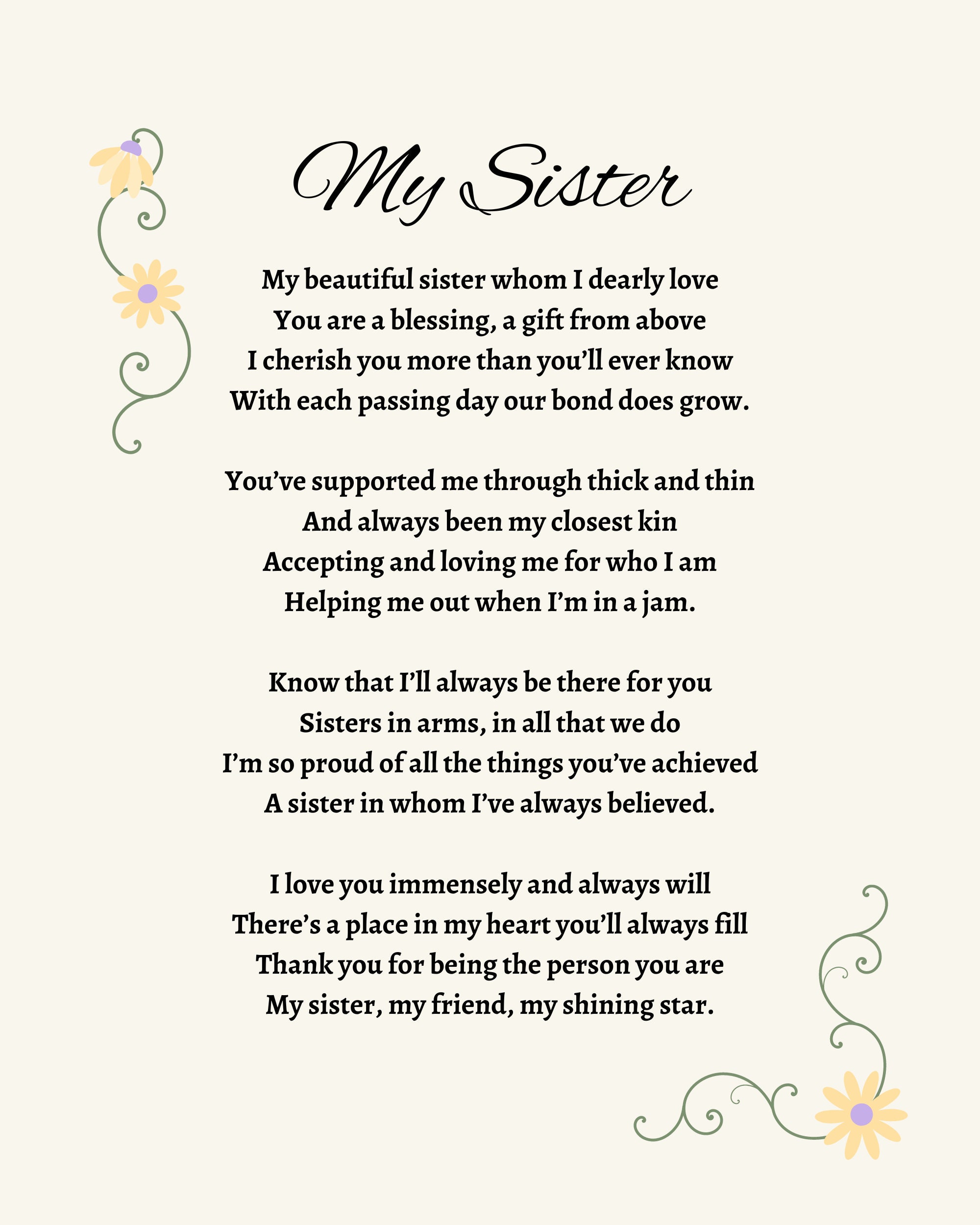 I Am My Sister Poem By Jus Amanda Batts Original Sister Poem, Birthday Poem for Sister, Digital Wall Art Sister