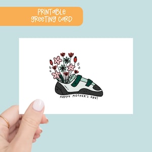 Tarjeta imprimible para el Día de la Madre con un zapato de flores para escalar en roca, tarjeta para mamá que escala en roca, tarjetas de felicitación para escalar en roca, tarjeta imprimible para el Día de la Madre