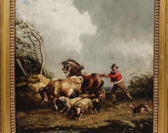 Antique Landscape Oil, Animal Painting, Verboeckhoven, Mid 19th C. Fine Art, Framed