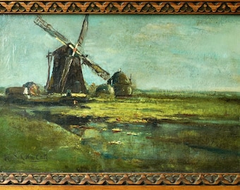 Antique Dutch Landscape with Windmill: Original Oil Painting, Framed