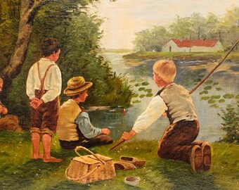 Irresistible óleo vintage sobre lienzo Niños pescando junto al río Pintura antigua original de principios del siglo XX, sin marco