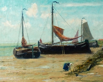Belgian Beach Scene Oil Painting: 19th Century Antique Art, Framed