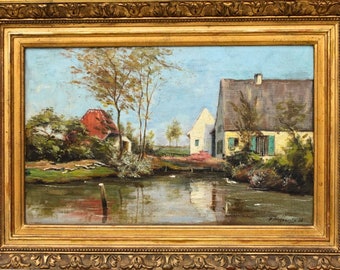 19th Century Oil on Canvas Antique Landscape Painting Vintage Rural Country House Decor Original Art, Framed