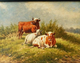 Antique Dutch Cow Painting: Signed Lokhorst, Mid 19th C. Oil, Framed