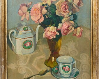 Vintage Oil on Canvas Bunch of Roses and Tea 1930s Still Life Flower Painting Antique Original Art, Framed