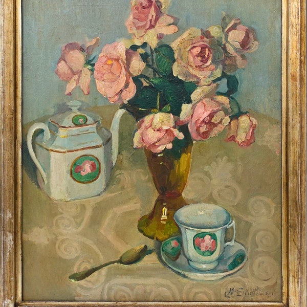 Vintage Oil on Canvas Bunch of Roses and Tea 1930s Still Life Flower Painting Antique Original Art, Framed