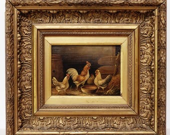 Rooster and Hens in a Barn: Dutch Antique Oil, 19th C. Fine Art, Framed
