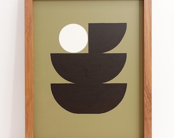 Handmade Original Art, Black and White & Olive Green Abstract Painting, One-of-a-Kind, Framed