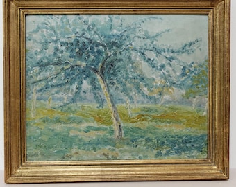 Vintage Landscape Painting, Orchard, Original 1930s French Impressionist Oil, Framed