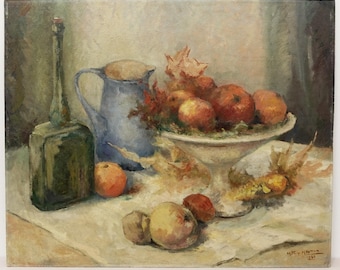 Vintage Impressionist Still Life with Apples Original Oil