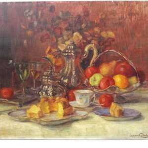 Grande peinture nature morte ancienne par Marguerite Dielman école belge vers 1900 image 1