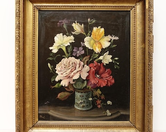 Antique Flower Painting: 19th Century Original Oil on Canvas Floral Still Life, Gold Frame