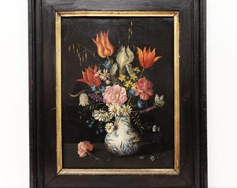 Antique Flower Painting: 18th Century Original Oil, Dutch Floral Still Life, Framed