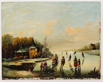 Antique Dutch Winter Scene with Skaters, 1900 Oil Painting, Unframed