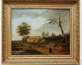Antique Dutch Pastoral Landscape Oil Painting, 18th-19th C. Fine Art, Framed