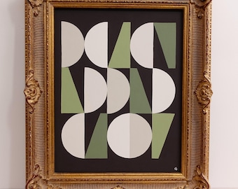 RESERVED for J.- Please do not purchase. Geometric Art in Classic Frame, Black & White, Green, Handmade Original One-of-a-Kind Painting