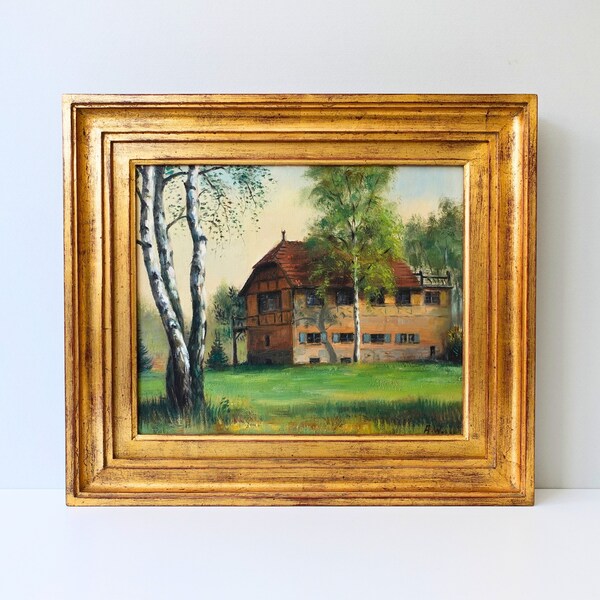 Vintage Oil on Canvas Country House Original Antique Painting, Framed