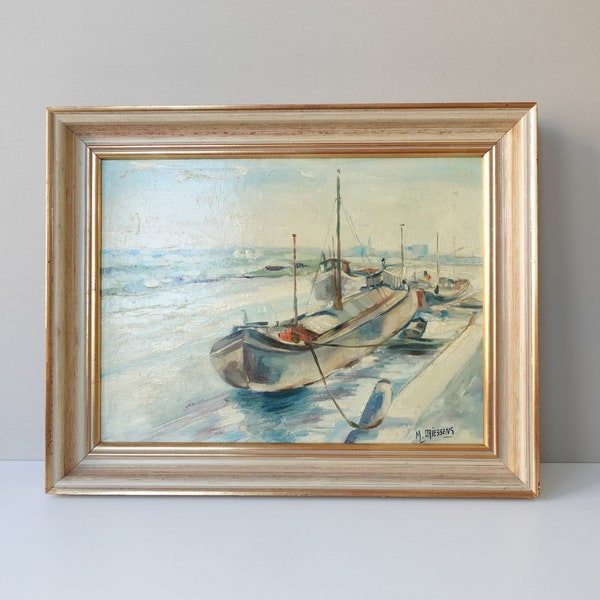 Vintage Oil Painting River Landscape with Barges at Quayside Mid Century Original Art, Framed