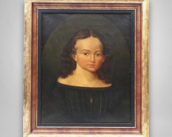 Tableau ancien 19ème siècle peinture à l'huile portrait de jeune fille