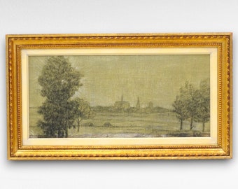 Klein vintage landschapsolieverfschilderij en Pensil Grisaille in vergulde lijst Uitzicht op Veurne Veurne Vlaanderen