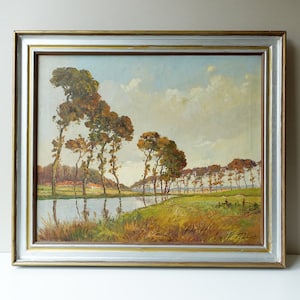 Vintage Dutch Landscape Oil Painting by Gustave Fynaert, Framed