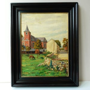 Antique Village View Landscape Painting Original Belgian Art by Vanneste circa 1910s, Framed and Ready to Hang