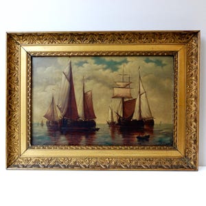 Antique French Seascape Oil Painting: 19th Century Sailboats, Gilded Frame