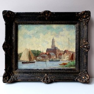 Antique Dutch River Landscape Cityscape Impressionnist Painting Small Original Oil on Board, Signed and dated 1915, Framed and Ready to Hang