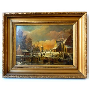 Antique Dutch Winter Scene by Frans Oury Original Vintage Oil on Wood Panel, Framed and Ready to Hang