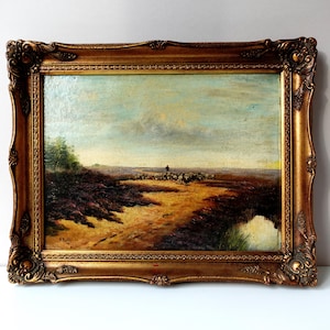 Vintage Sheep Painting Dutch Moody Landscape Original 1930s Oil on Board, Signed, Framed and Ready to Hang