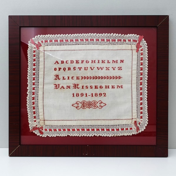 Antique Victorian Sampler 1892 Embroidery Cross Stitch Needlework with Alphabet on Cotton Cloth Edged with Lace, Framed