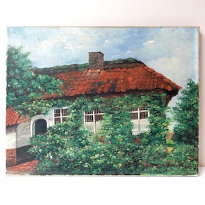 Vintage Flemish Cottage Garden Oil Painting - Country House Art