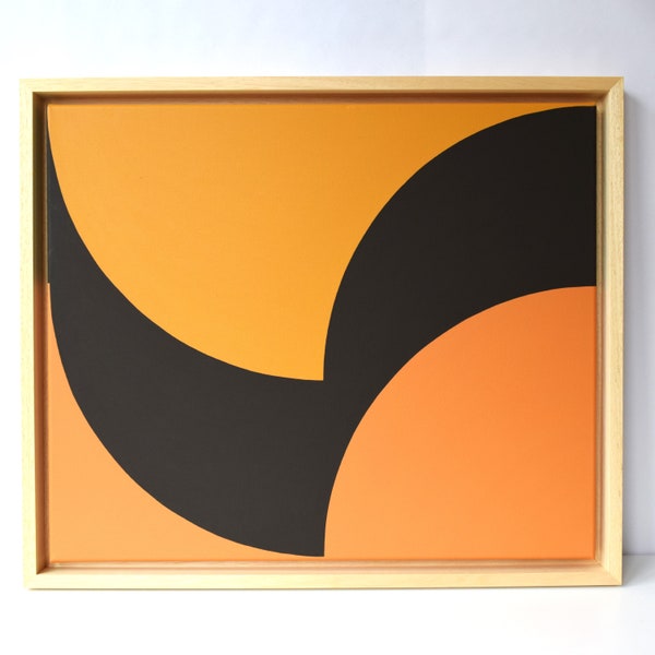 Peinture moderne abstraite sur toile pièce unique fait main noir et deux nuances d'orange, encadré et prêt à accrocher