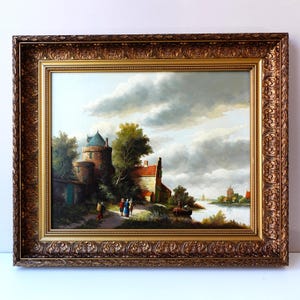 Dutch River Landscape Oil Painting: Vintage Country Scene Framed