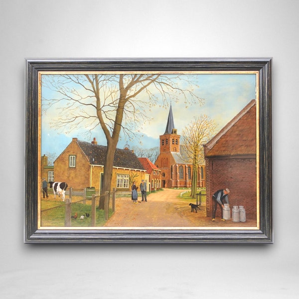 Peinture vintage vue de village hollandais avec vache, poules et fermiers par Jan Van der Meer