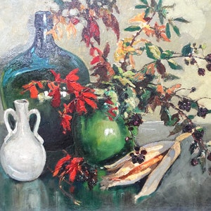 Nature morte vintage colorée avec bouquet d'automne Peinture à l'huile de Dijkshoorn Art original hollandais du milieu du XXème siècle image 2