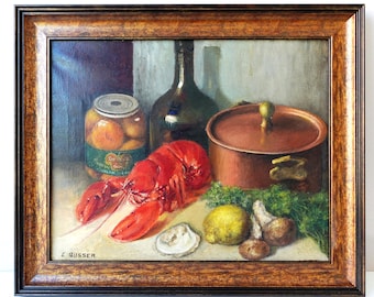 Vintage Lobster Still Life Oil Painting: 1930s Framed Kitchen Art