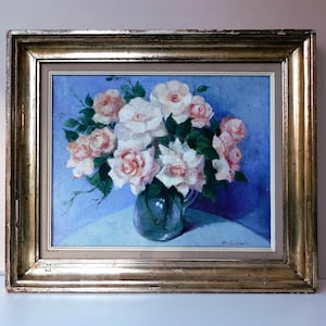 Roses Painting Vintage Floral Still Life Oil on Board by Marie-Louise van Dormael Original 1930s Antique Art, Framed