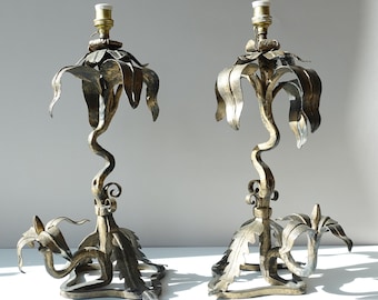 Pair of vintage wrought-iron table lamps early 20th century Art Nouveau floral decor lamp bases