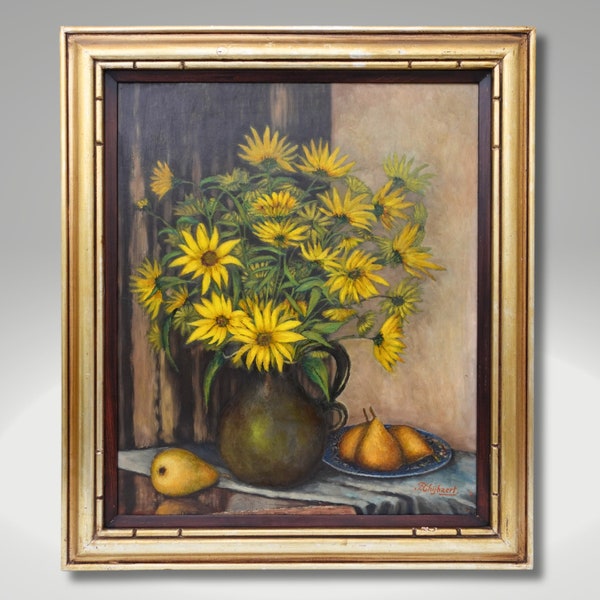 Peinture fleurs tableau vintage nature morte fleurs jaunes signée Thijbaert