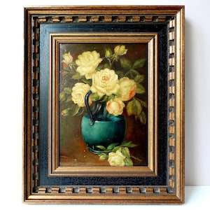 Roses Floral Still Life Oil Painting 1930s Original Vintage Art, Framed and Ready to Hang