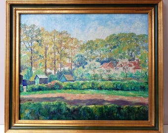 Vintage Dutch Landscape Painting: Post-Impressionist Oil on Canvas, Framed